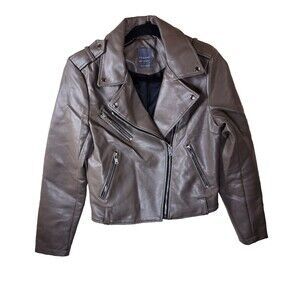 Primark Womens Size 4 Tan Faux Leather Zip Up Biker Jacket